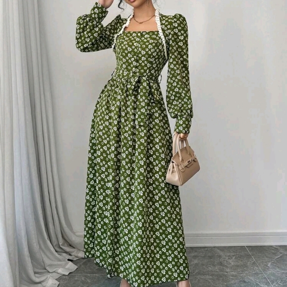 Women's Woven Printed Button Front Cinched Waist Long Sleeve Dress - Picture 3 of 4